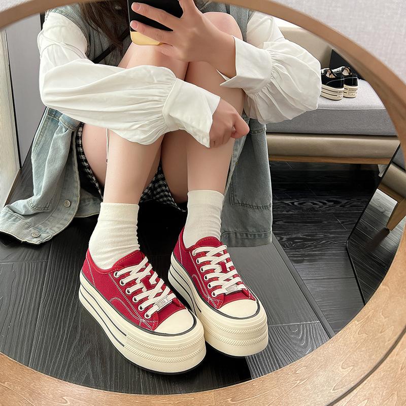 Platform Canvas Shoes Women's 2025 Spring Versatile Round Head Low-top Muffin Board Shoes Small Casual Sports White Shoes
