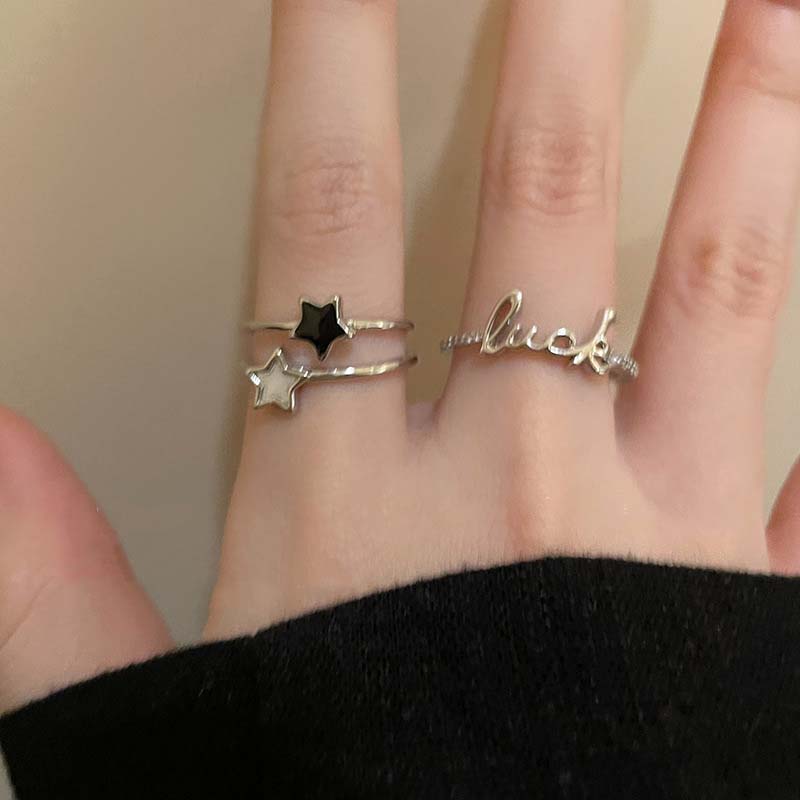 Y2K Letter Bilayer Star Open Ring for Women Girls Sweet Hollow Dropwise Glaze Pentagram Lucky Finger Accessories Fashion Jewelry