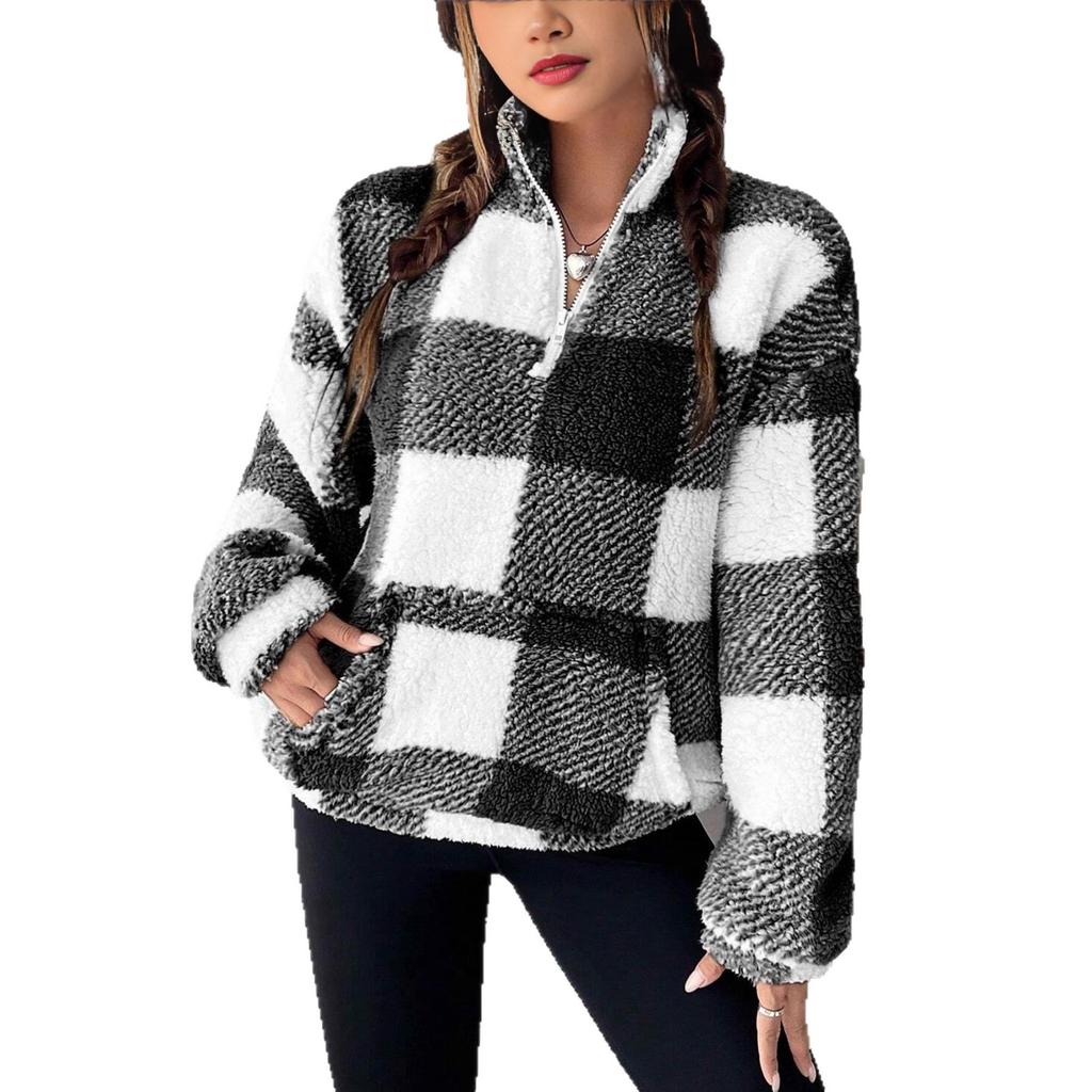 Осінньо-зимова мода Коротка картата напіврозкрита комір плюшева жіноча повсякденна толстовка