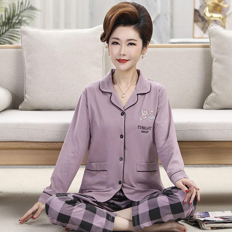 Middle-aged women's 100% pure cotton pajamas women's summer long-sleeved pajamas middle-aged and elderly mother loungewear thin suit