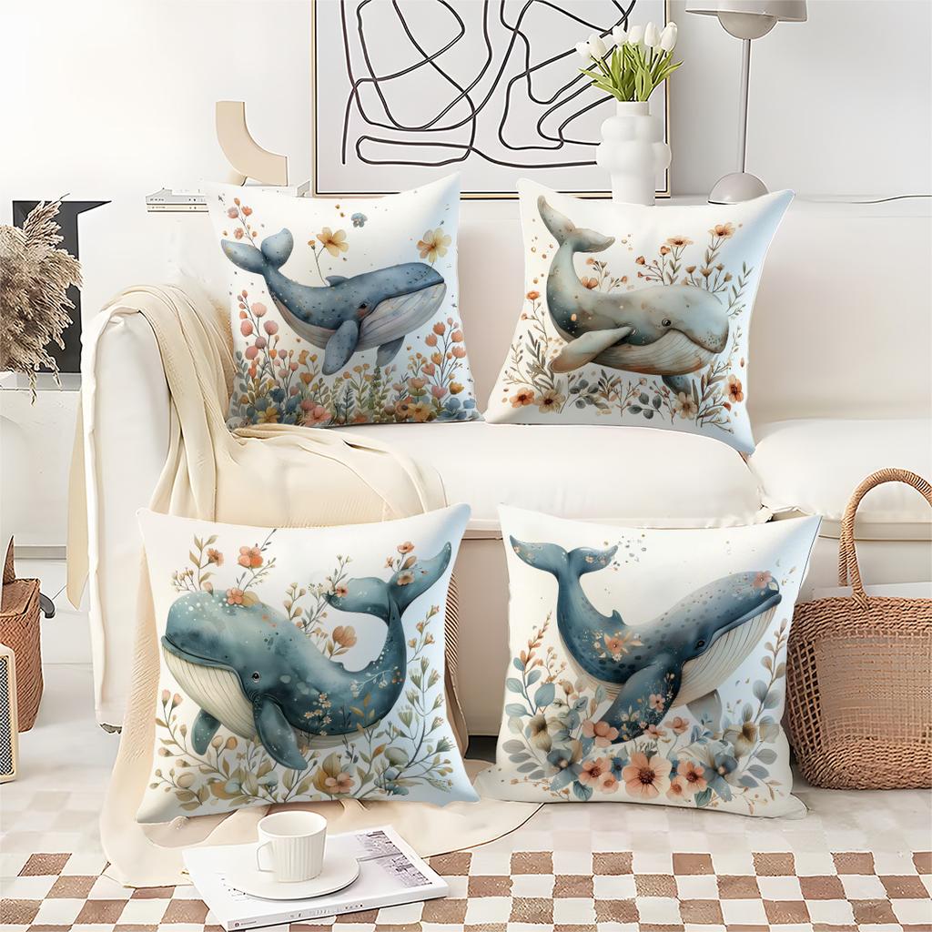 Dreamy Watercolor Whale Flowers Digital Printing Pillow Cover Short Plush Suitable Living Bedrooms Sofas Throw Cushion Cover