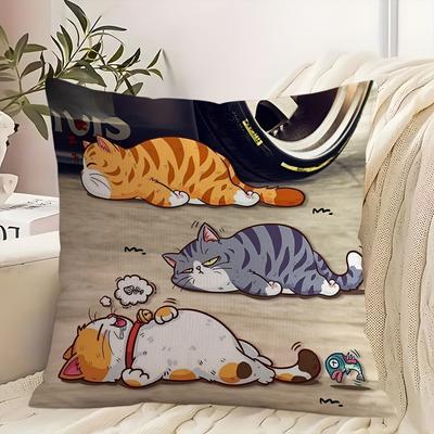 Cute Sleeping Cats Cushion Cover, Cartoon Kawaii Kitty Pillowcase, Funny Pet Lover Decor, Sofa Throw Pillow