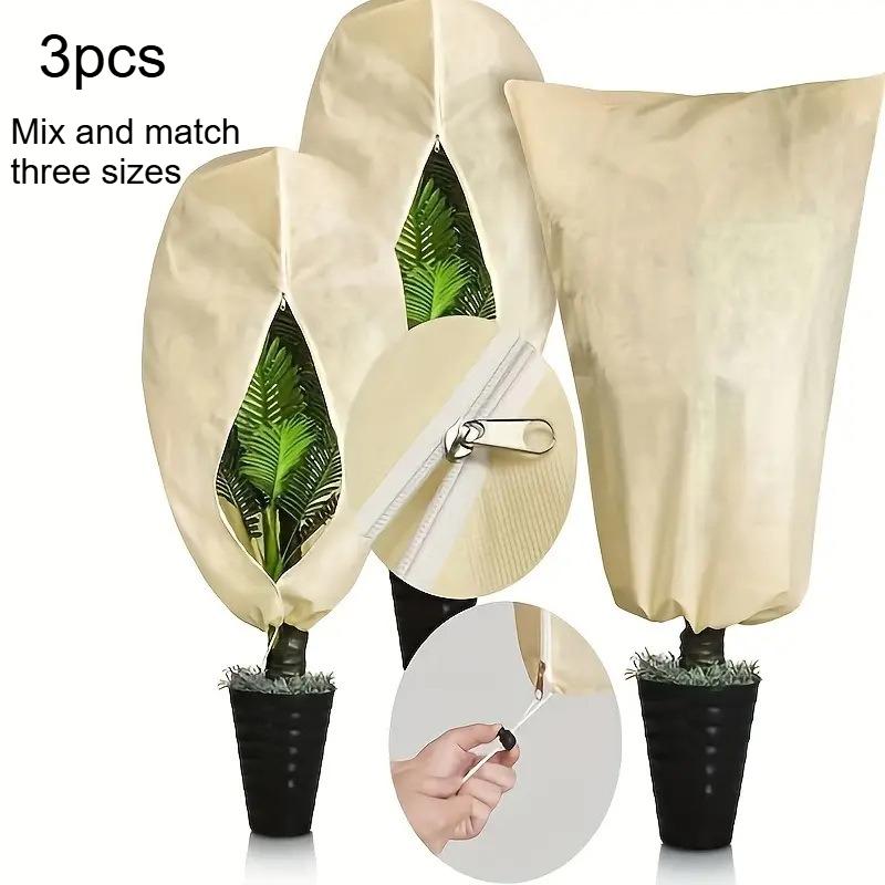 3pcs Beige Plant Frost Protection Covers,Zipper Drawstring Winter Warming Shields for Greenery and Vegetables - Durable Garden