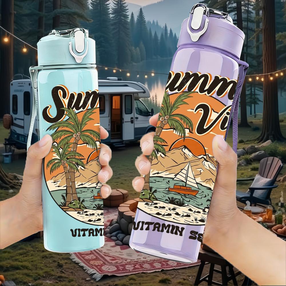 1PC Retro Beach Summer Vibes Poster 750ml Color Plastic Sports Water Bottle Leakproof Flip Straw Lid Suitable for Sports Office Home Use