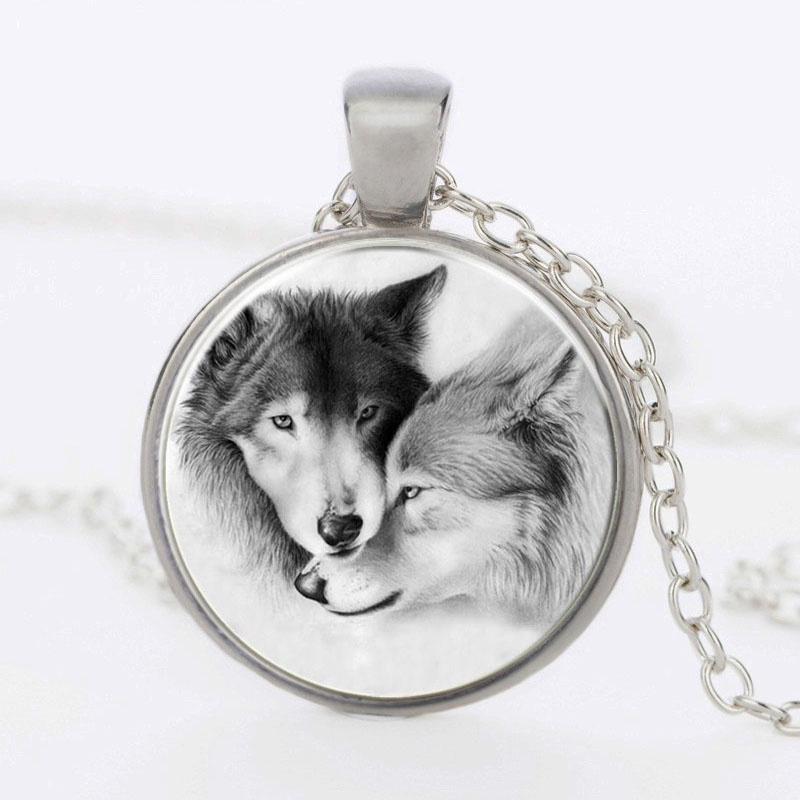 Women Jewelry Double Wolf Glass Pendant Necklace With Vintage Crystals And Elegant Chain