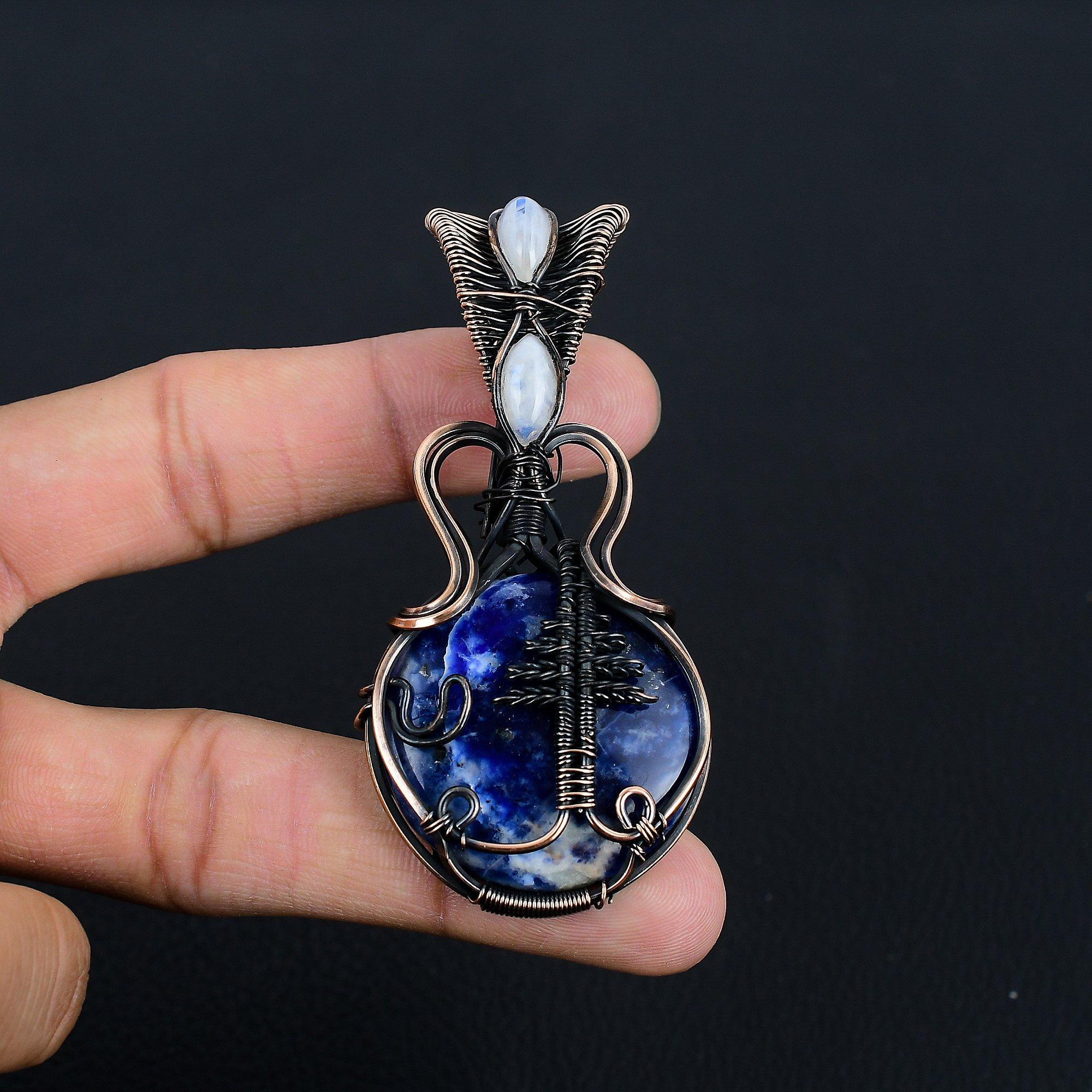 

Sodalite Pendant, 999 Copper Wire Wrapped Gemstone Jewelry, Handmade Pendant, For Thanksgiving 2.55 Inches