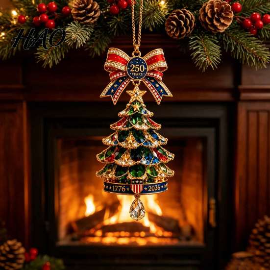 Crystal Diamond Tree Decor 250th Anniversary Christmas Ornament, 2D Acrylic Decor, Gold Edge Charms 1776-2026 Patriotic Commemorative Hanging