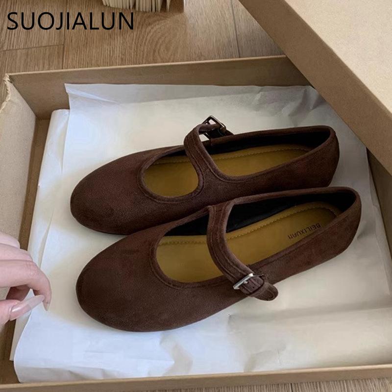Fashion SUOJIALUN Spring New Brand Women Flat Shoes Fashion Round Toe Ladies Elegant Mary Jane Shoes Soft Flat Heel Dress Single Shoes
