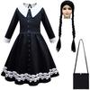 Vestido Wednesday Addams Bolsa Peruca Fantasia Cosplay Meninas Festa de Natal