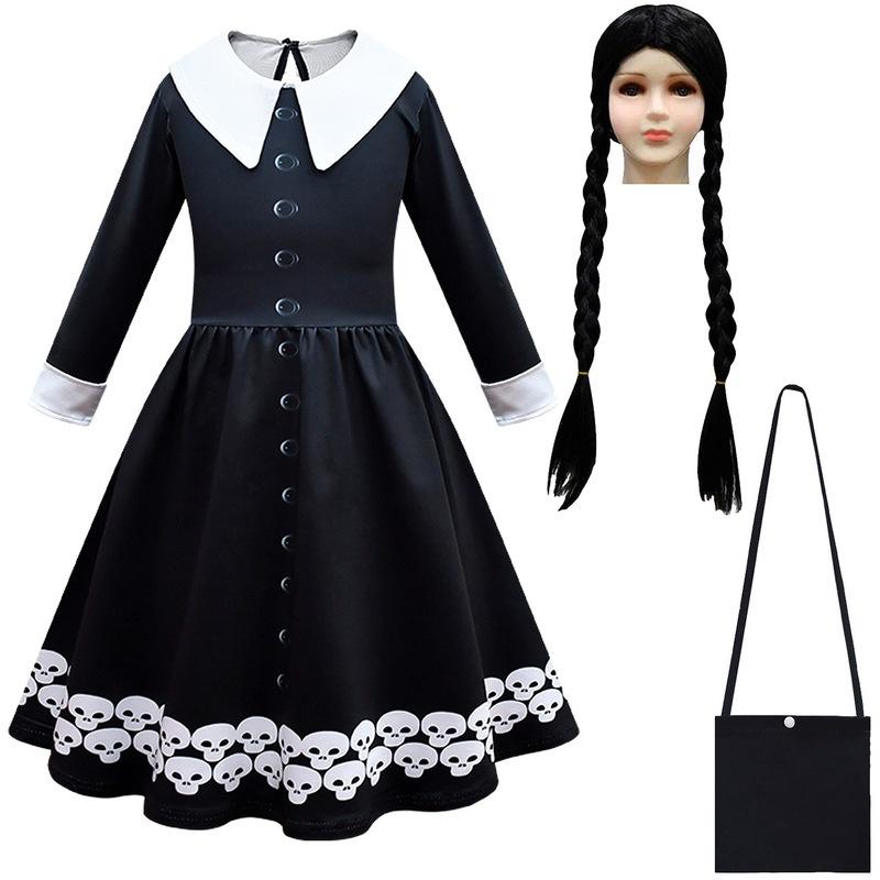 Vestido Wednesday Addams Bolsa Peruca Fantasia Cosplay Meninas Festa de Natal