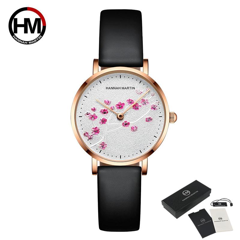 Hannah Martin Damen Luxus Neue 3D Kirschblüte Serie Stahl Gürtel Wasserdicht Quarz Damen Uhr Romantische Kirschblüte Uhr Frauen