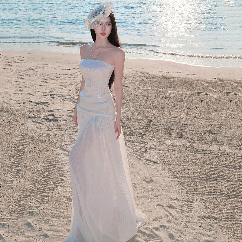 Seaside Vacation Long Dress High Sense Socialite Dress Mopping Mesh Skirt Tube Top Sequined Dress Women