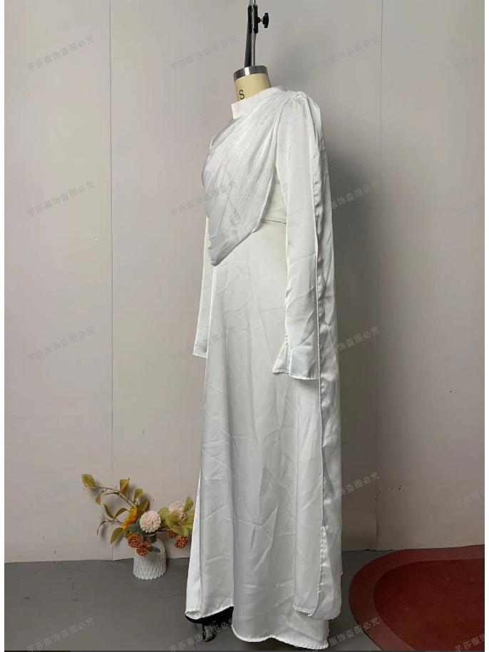 2025 European American Women's Pleated Irregular White Long Sleeve Slim Fit Dress