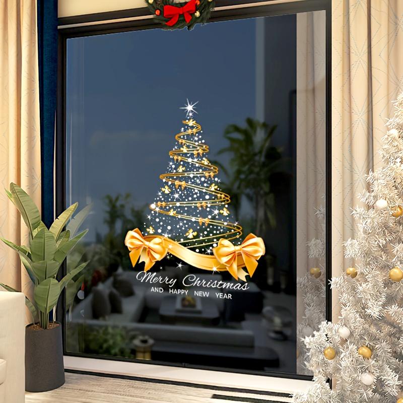 1ks Domácí okna Velká mašle Samolepka DIY PVC 40x55CM Vánoční stromek Vánoční okenní nálepka Zlatý vánoční stromek