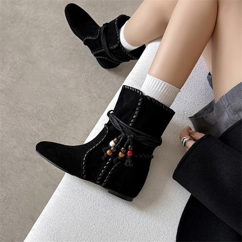 Mode Herbst/Winter Kuhveloursleder Damenstiefel Schuhe mit runder Zehenpartie für Damen Mode Stiefel Interne Höhenerhöhung Ethnischer Stil Kurze Stiefel
