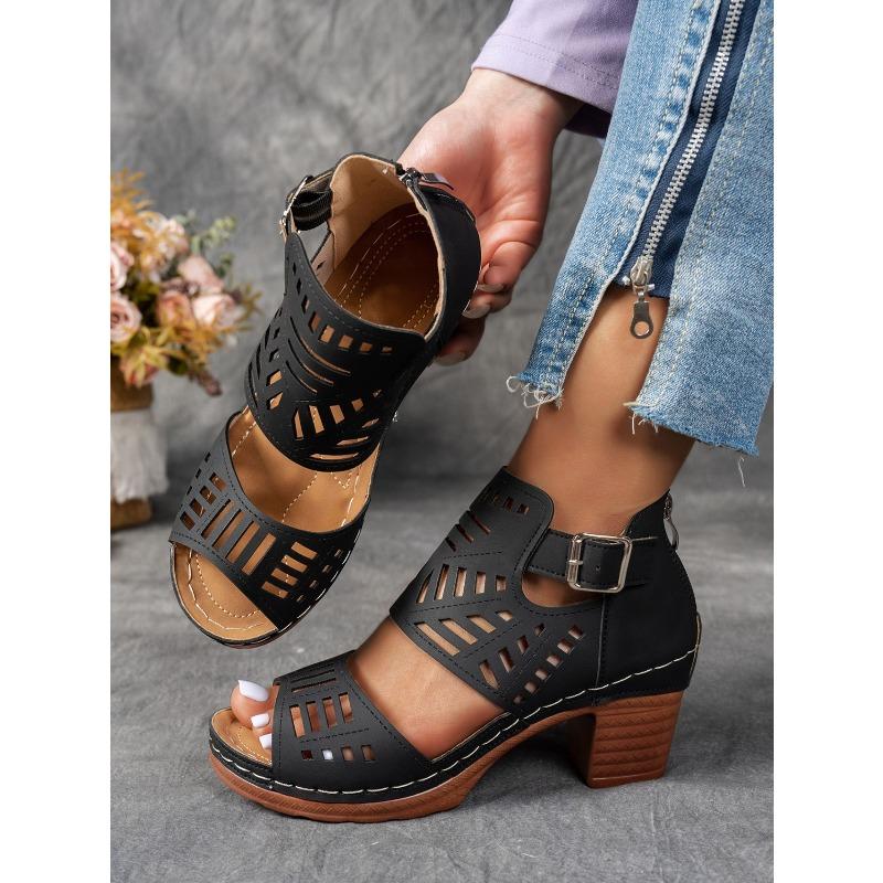 Summer Cut-out Heeled Sandals Women's 2025 New Thick-heeled Plus-size Buckle Roman Sandals