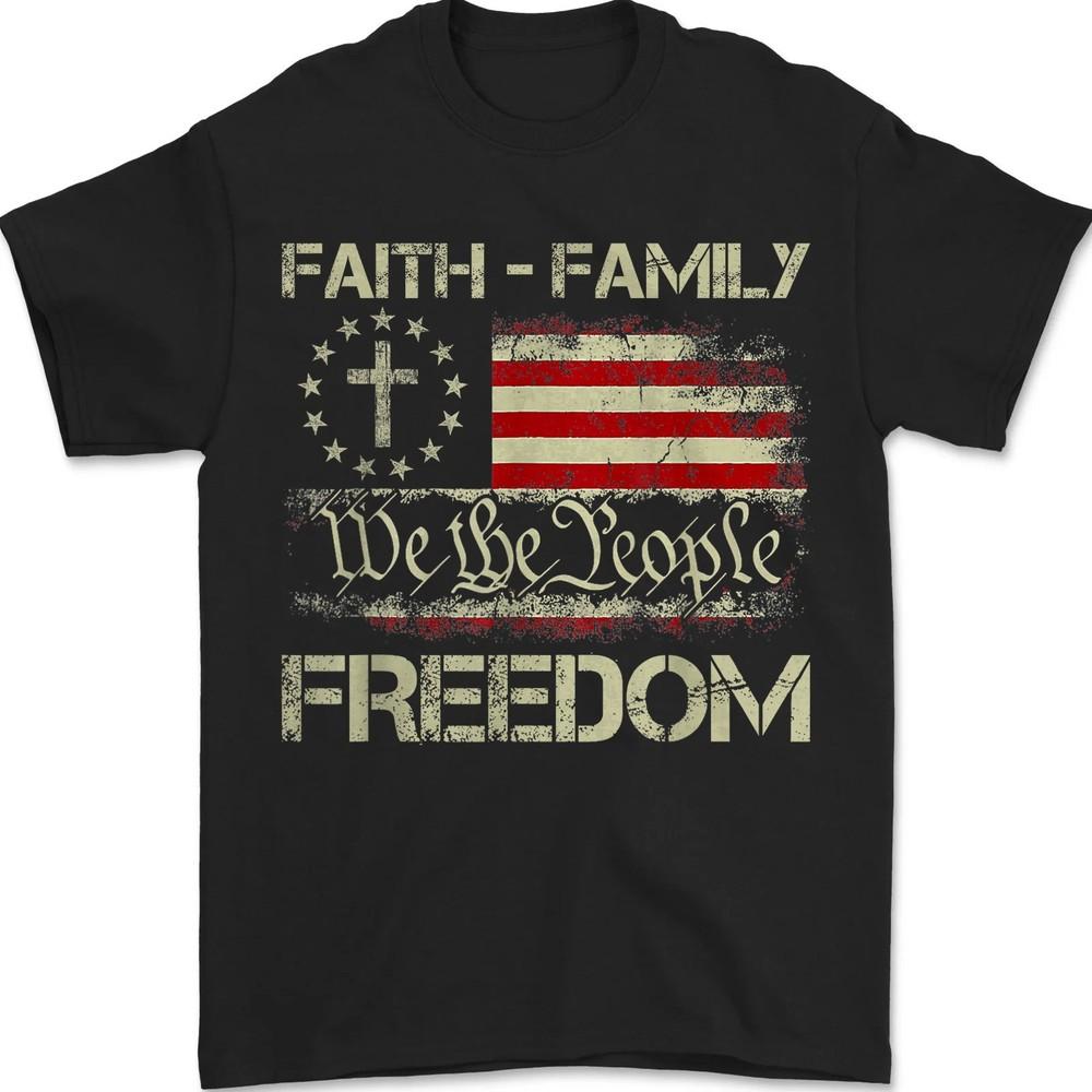 

Вера Семья Свобода Патриотический Христианский Крест Американский Флаг Унисекс Футболка S