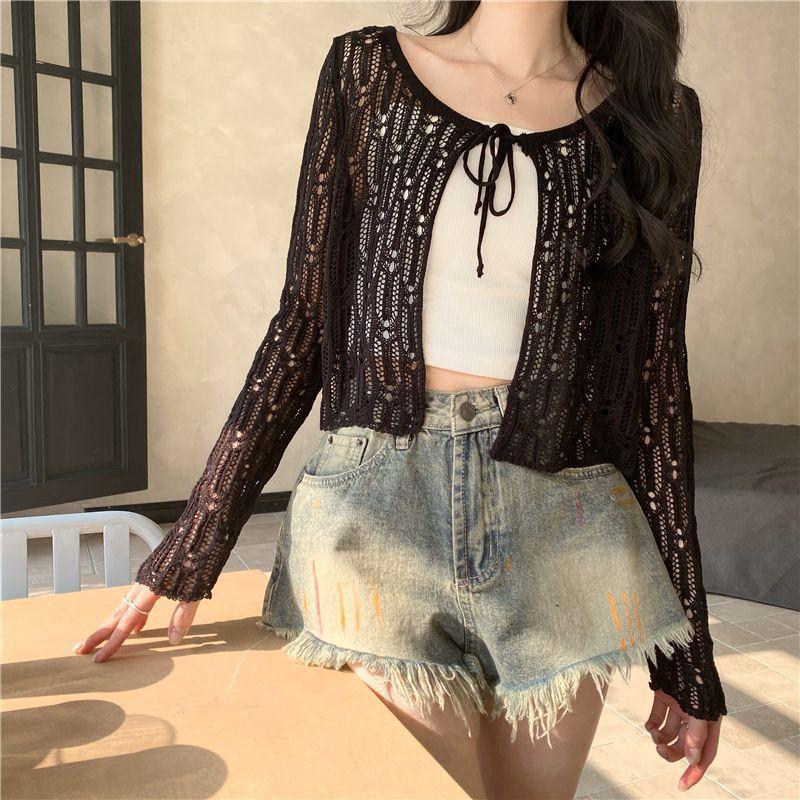 Hollow crochet knitted sweater women's summer outer shawl air-conditioning blouse short temperament gentle lace-up top
