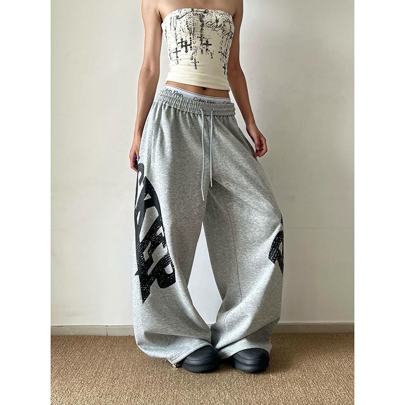 YIBASHU Women Grey Baggy Wide Leg Sweatpants American Letter Print Pants Harajuku Japanese Style Vintage Y2k Casual Trouse XS