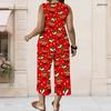 Women Plus Size V Neck Sleeveless Christmas Printed Red Wide Leg Pants Set With Pockets