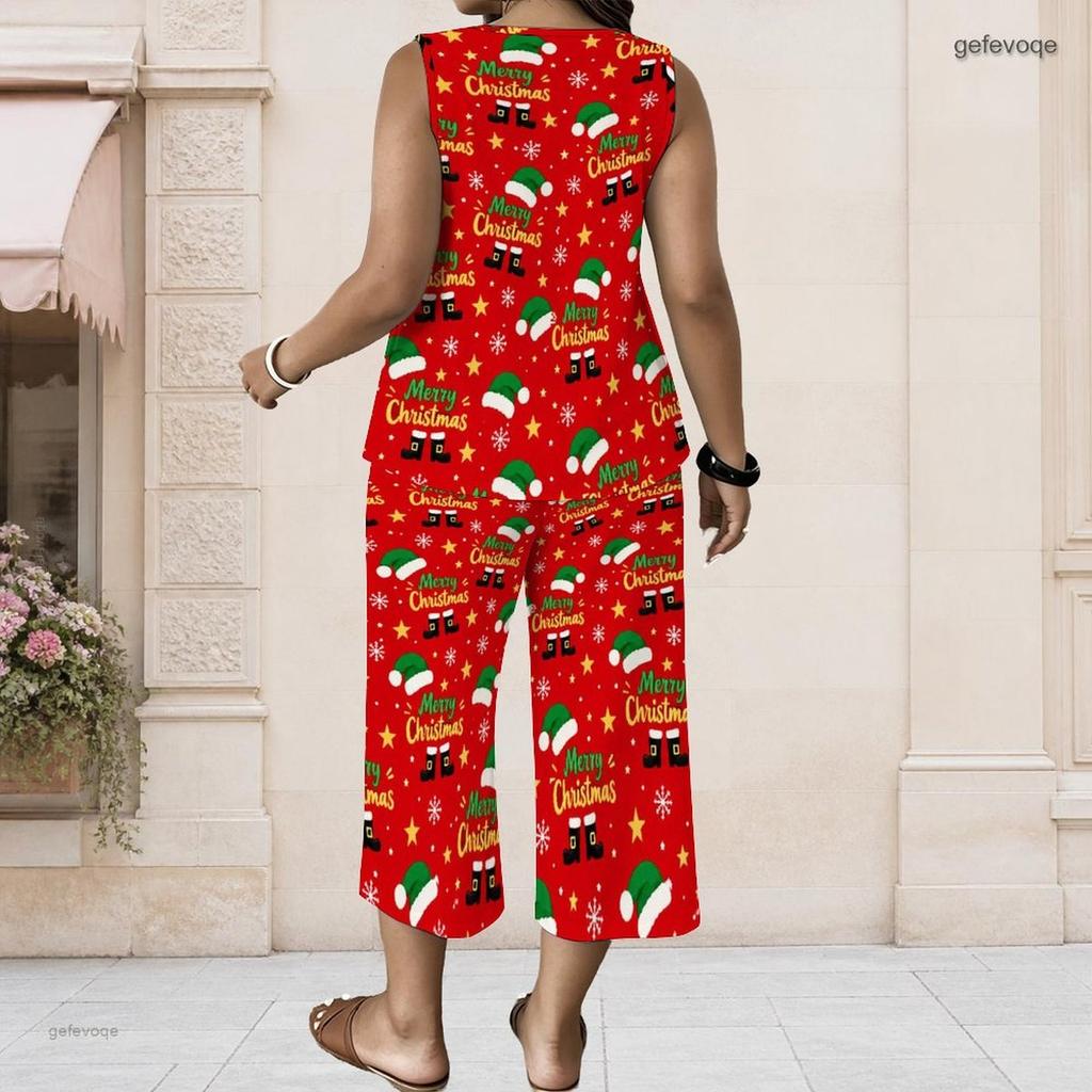 Women Plus Size V Neck Sleeveless Christmas Printed Red Wide Leg Pants Set With Pockets