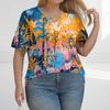 Women's Fashion Casual Solid Colour Stripe Printed V-Neck Short Sleeve Large Size T-Shirt Top
