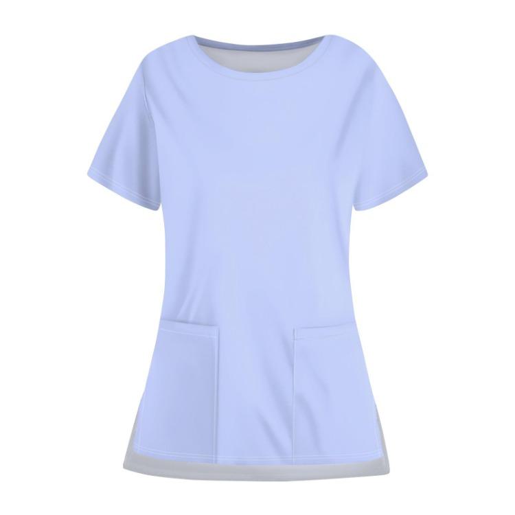 Damska codzienna gładka bluzka robocza z kieszeniami, z okrągłym dekoltem i otwartym dołem, ochronna