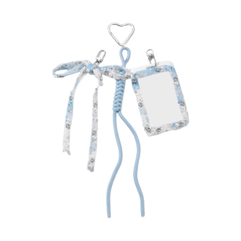 

Stylish Card Holder Keychain With Sparkling Rhinestones And Faux Pearls Detail For Bags Backpacks Accessories синій
