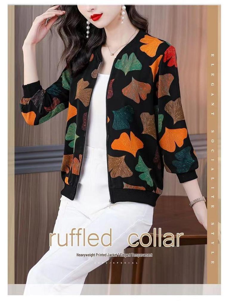 Mother's Chiffon Printed Long-Sleeve Cardigan: 2025 Spring New, Plus Size, Loose Fit, Versatile Baseball Jacket
