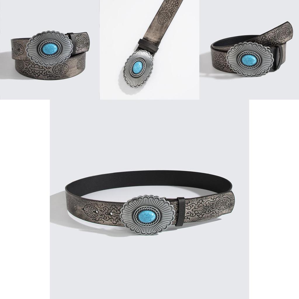 Punk Style Embossed Leather Belt With Large Gemstone Flower For Streetwear