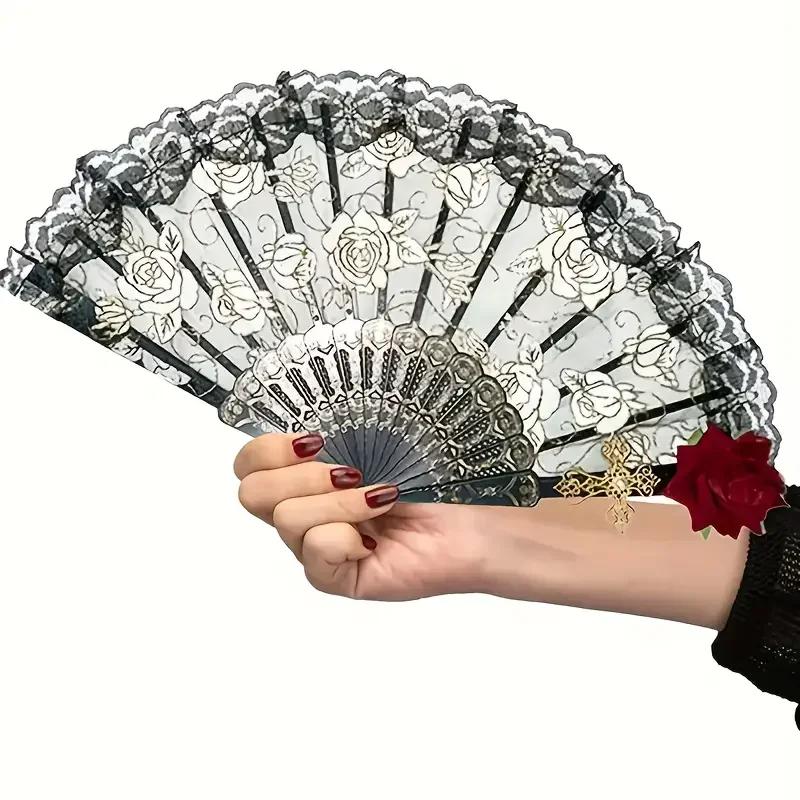 Vintage Spanische Flamenco Rose Spitze Handfächer Elegant Schwarz Faltbar Party Hochzeit Fächer 1 Stück/2 Stück Option für Besondere Anlässe
