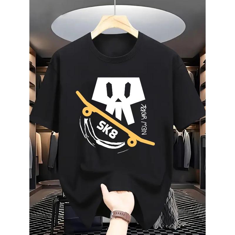 Skateboard Pattern Crew Neck T-Shirt, Street Fashion Men's Wear for Sports and Casual