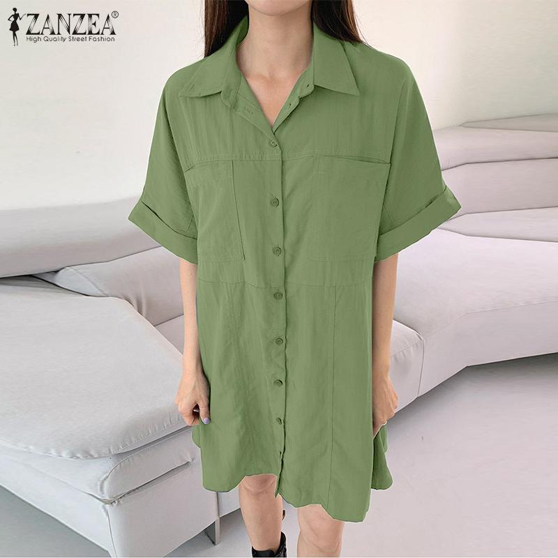 

ZANZEA женские плиссированные короткие платья-рубашки с пряжкой и пуговицами с лацканами и накладными карманами