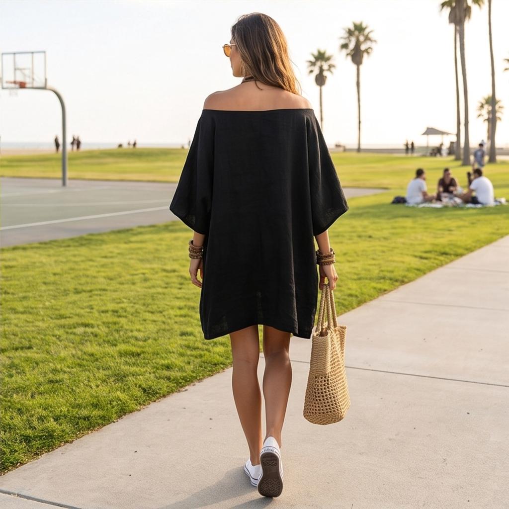 Women's Off-Shoulder Cotton Linen Midi Dress with Pockets Loose Fit Sleeves for Vacation