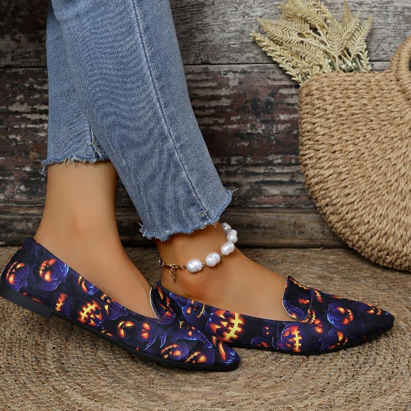 Fashion Women Flats Casual Shoes 2024 New Spring Autumn Slip-on Pointed Toe Lightweight Loafers Halloween Pumpkin Women Flats Shoes