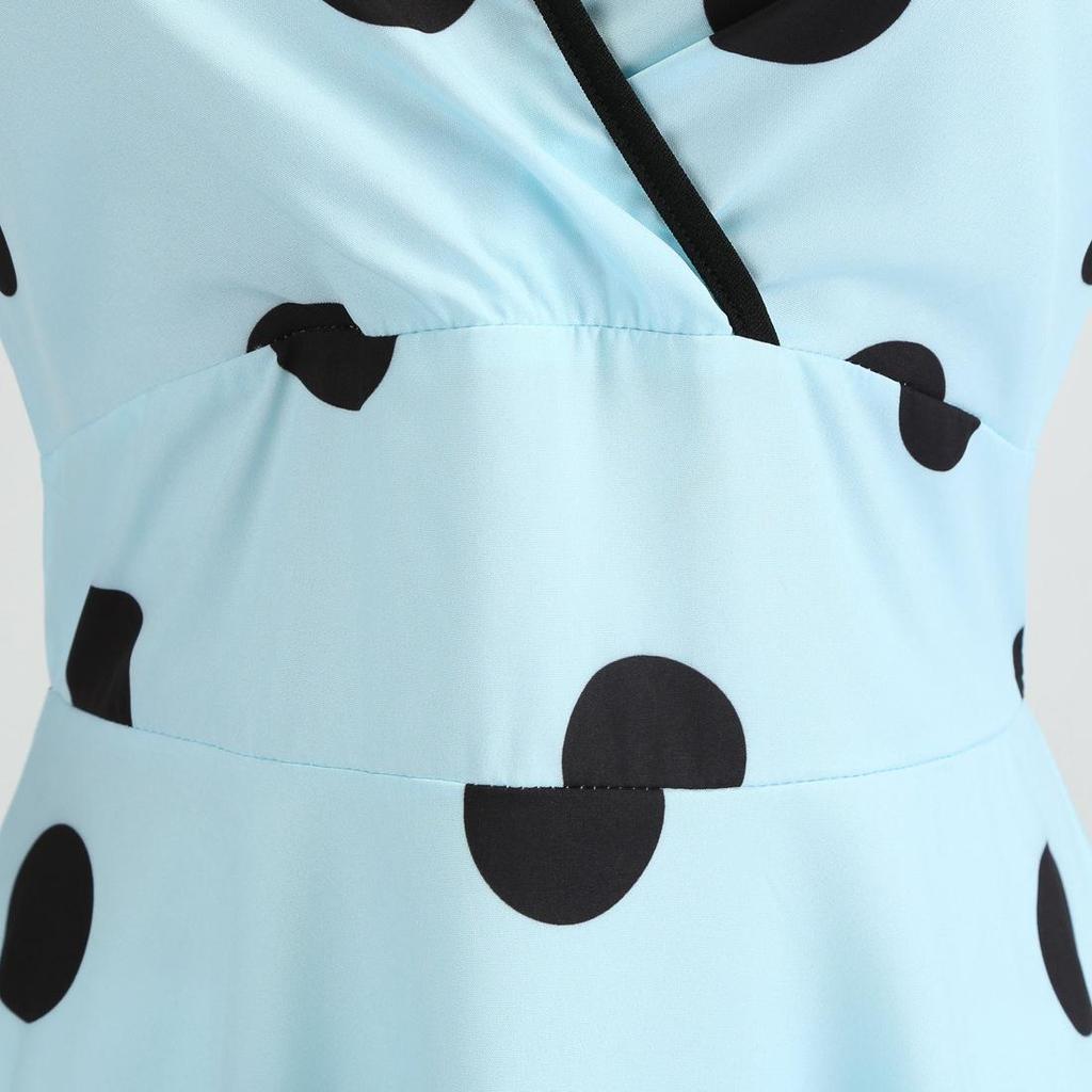 Z Women's V-Neck Polka Dot Sleeveless Tie-Waist Retro Summer Swing Dress