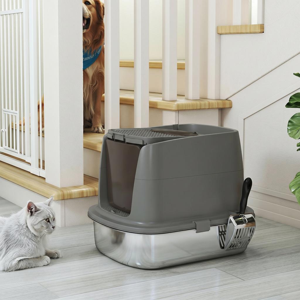 Large Stainless Steel Litter Box, Enclosed Metal Cat Litter Tray with Scoop, Deodoriser Bag, Front-Entry and Top-Exit