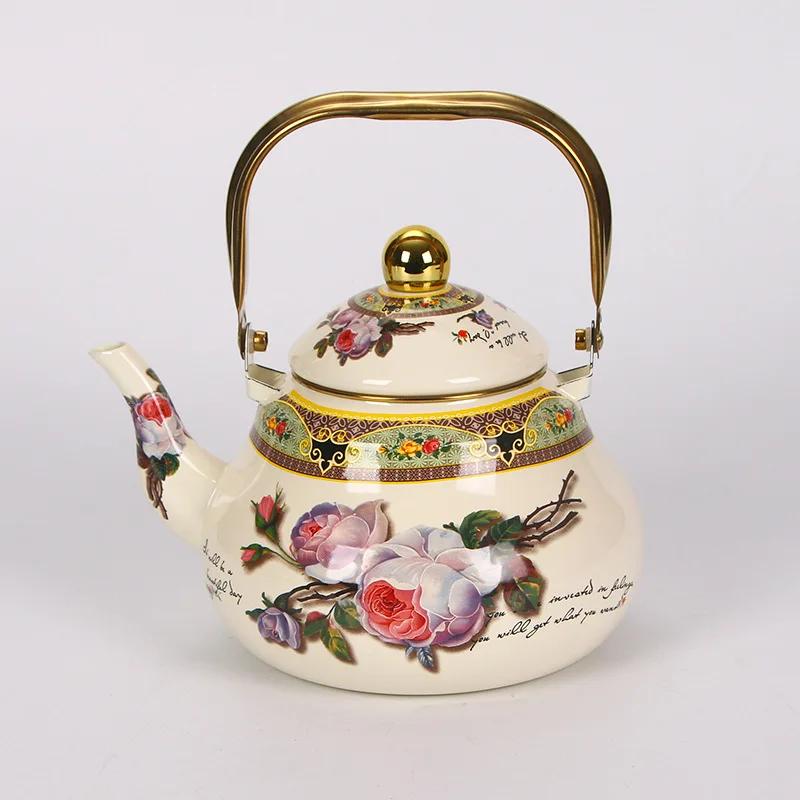 1.5L Vintage Enamelware Kettle Classic Enamel Teapot with Golden Handle for Stovetop Use Kitchen Decor Gift for Tea Lovers