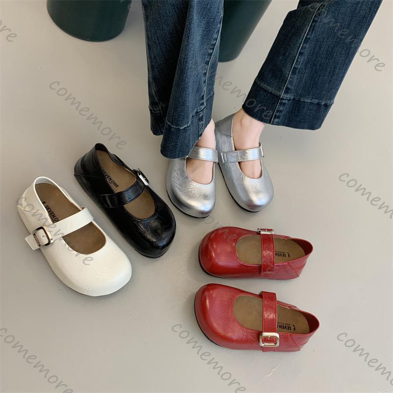Fashion Comemore Flat Single Shoes Women Spring Autumn New Belt Buckle Round Toe Mary Janes Shoes Soft Leather Solid Platform Loafers