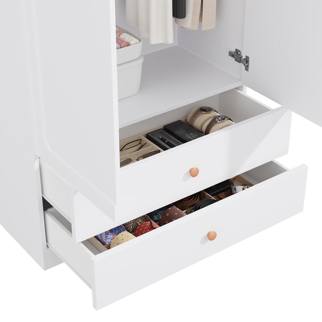 Wardrobe, White, 200 x 135 x 45 cm, hinged-door, 2 clothes rails, 2 drawers, 4 solid wood handles, storage, bedroom, children's room, hallway, office