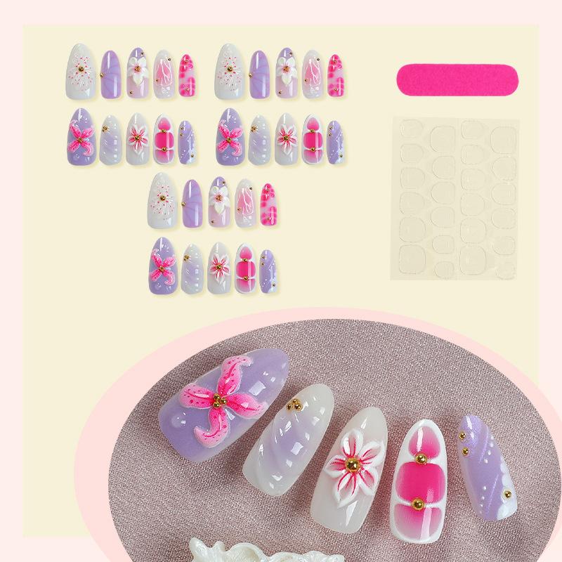 

30pcs Almond Shaped Press On Nails,Nail Stickers, 3D Flower Decor, Steel Ball Embellished, Full Coverage False Nails,For Women Girls Daily Wear
