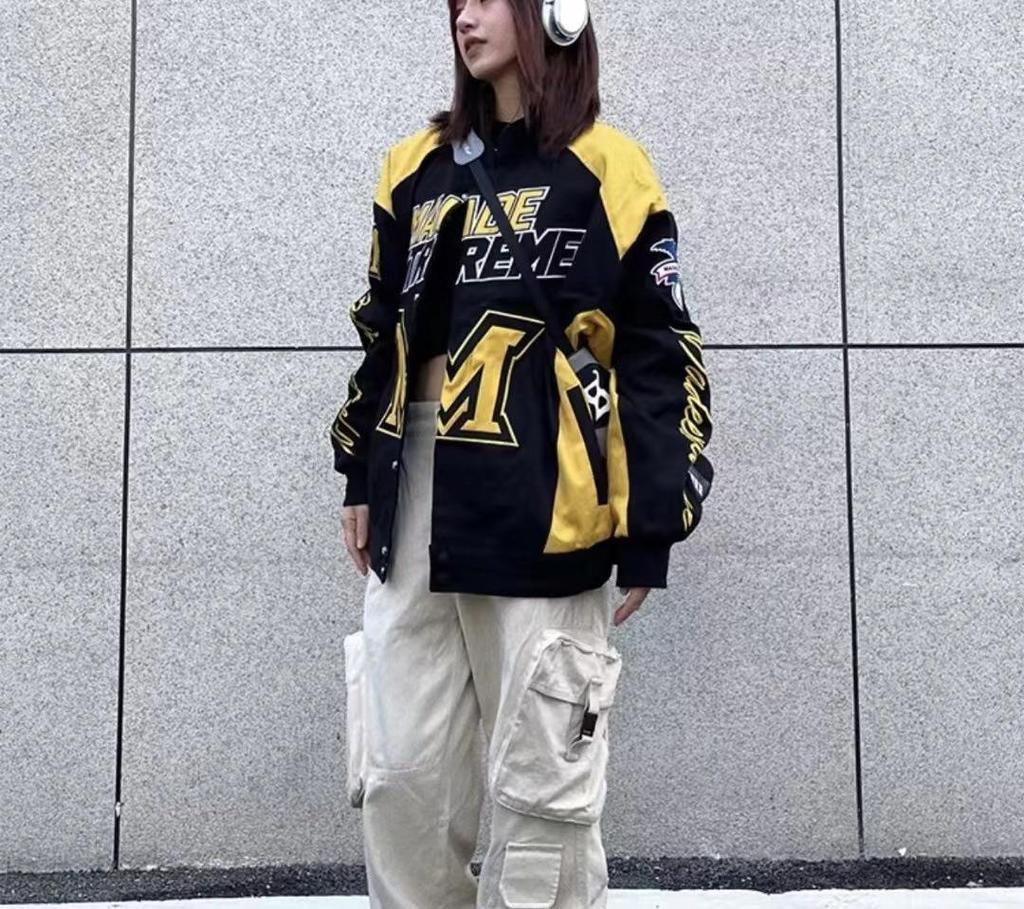 American Retro Racing Motorcycle Jacket: Unisex, Bold Color Block Design, Street Style, Loose Fit