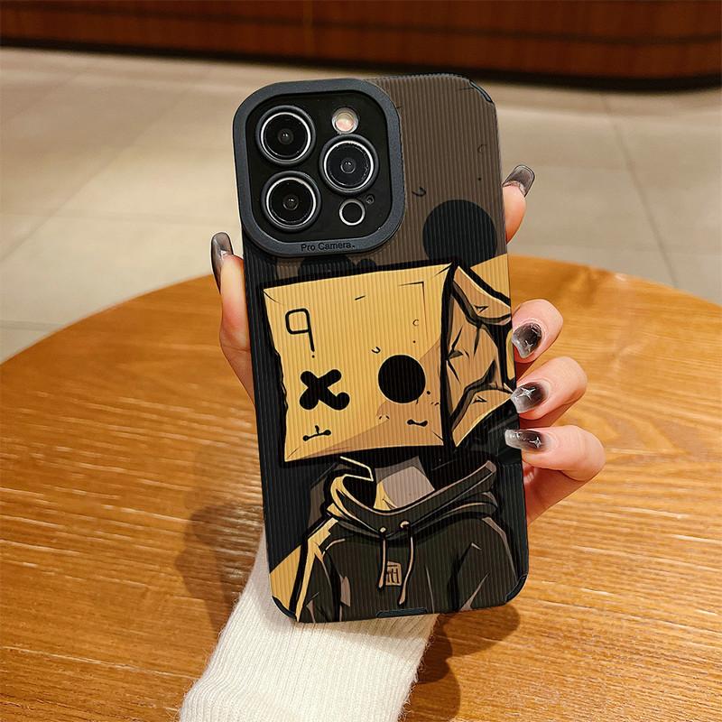 Vertical Grain Leather Shell Box Boy Printed Patterned Shockproof Soft Silicone Case with Camera Lens Full Protection for iPhone