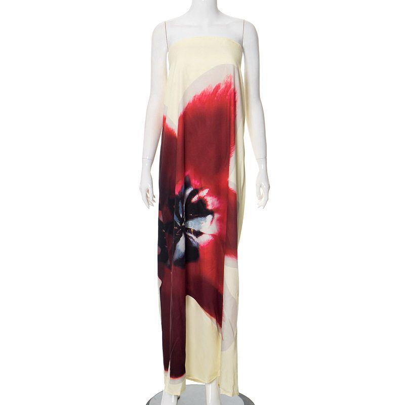 Contrast Printed Strapless Dress Red S
