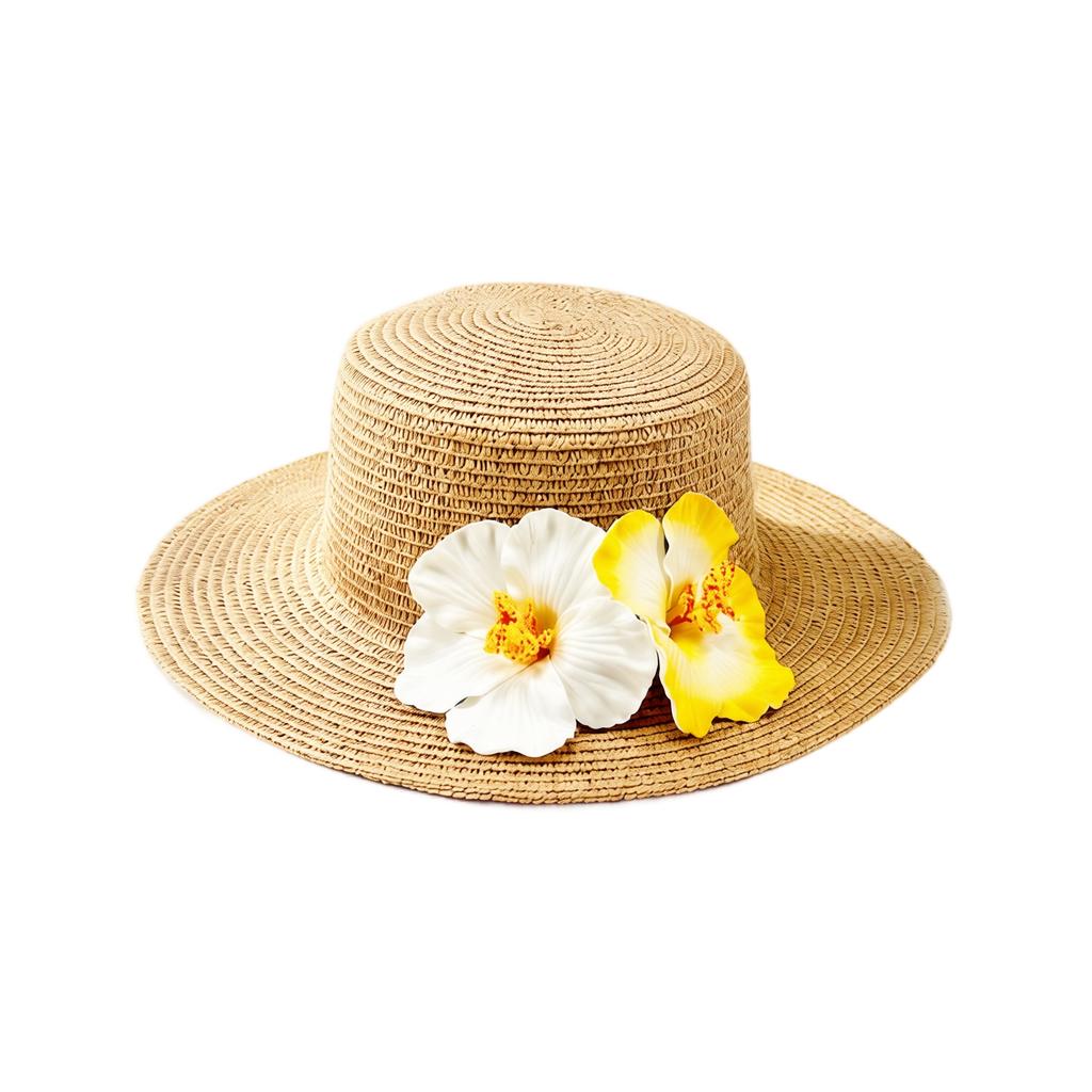 Foldable Flat Top Straw Sun Hat with Frangipani Flower Decoration for Beach Travel