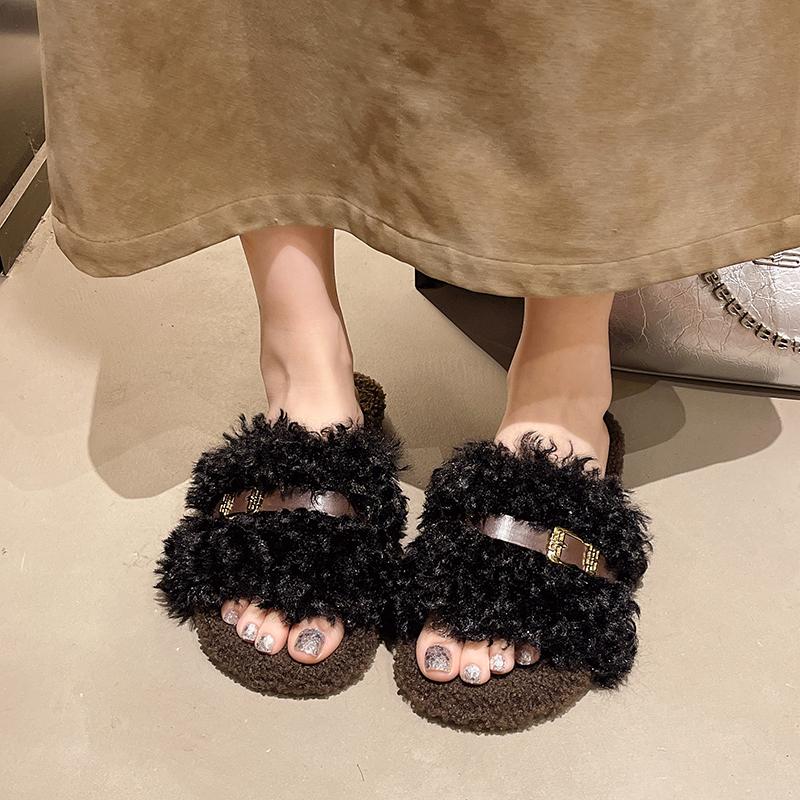 Fashion 2025 Luxury Slide Shoes Woman Thick Sole Buckle Belt Plush Slipper Ladies Winter Curly Teddy Fur Platform Sandals