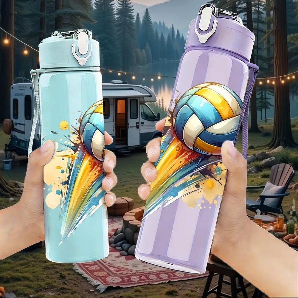 1PC Colorful Volleyball Pattern 750ml Color Plastic Sports Water Bottle Leakproof Flip Straw Lid Suitable for Sports Office Home Use