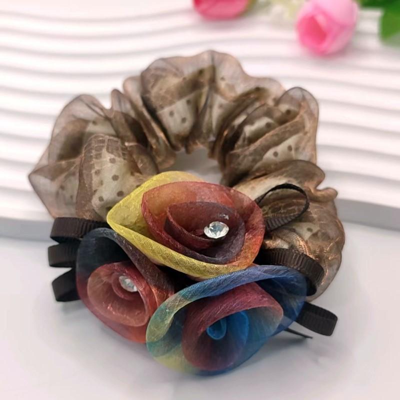 

Роскошная резинка для волос-шарф ручной работы, инкрустированная бриллиантами, с цветком розы из страз, из шифоновой ткани, цветочные аксессуары для волос