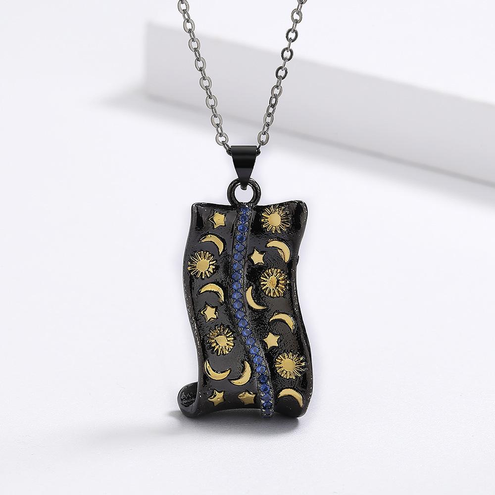 Engraved Women'S Necklace Irregular Shape Jewelry Inlaid Wind Stars Zircon Moon Pendant Blue Punk