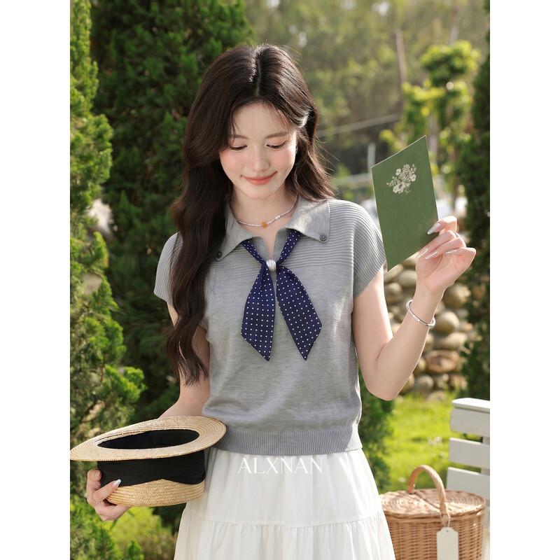 Women s Summer Grey Knit Polo Short Sleeve Top S